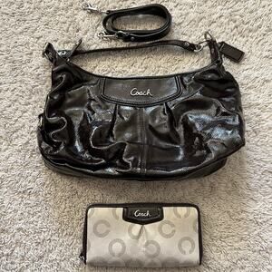 COACH ASHLEY MAHOGANY PATENT LEATHER HOBO HANDBAG BAG F20452 w/ Wallet